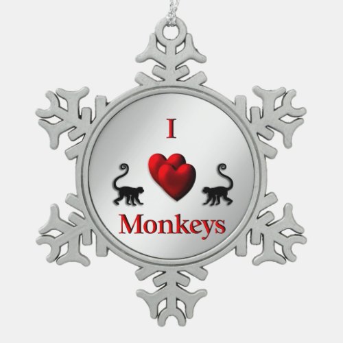 Red I Heart Monkeys Snowflake Pewter Christmas Ornament