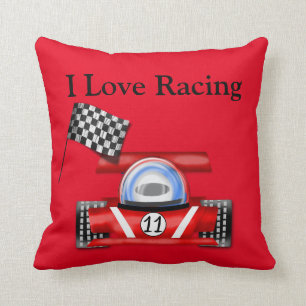 Red "I Love Racing" Throw Pillow w/Race Car & Flag