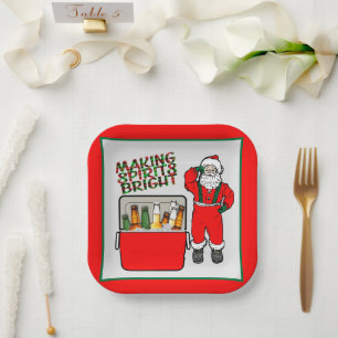 Red Ice Chest With Beer And Santa Paper Plates