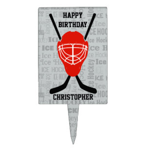 Red Ice Hockey Helmet and Sticks Typography Cake Topper