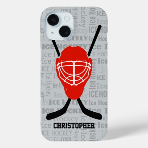 Red Ice Hockey Helmet and Sticks Typography iPhone 15 Case