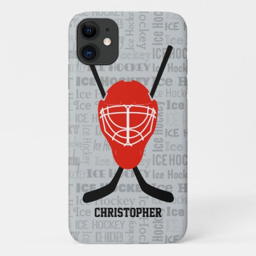 Red Ice Hockey Helmet and Sticks Typography iPhone 11 Case