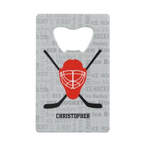 Red Ice Hockey Helmet and Sticks Typography Credit Card Bottle Opener