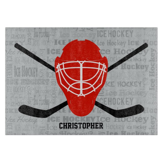 Red Ice Hockey Helmet and Sticks Typography Cutting Board (Front)