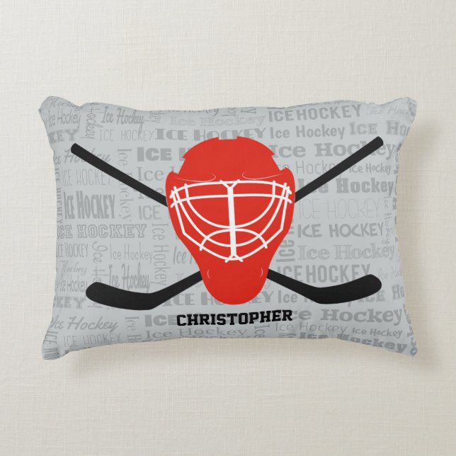 Red Ice Hockey Helmet and Sticks Typography Decorative Pillow (Front)