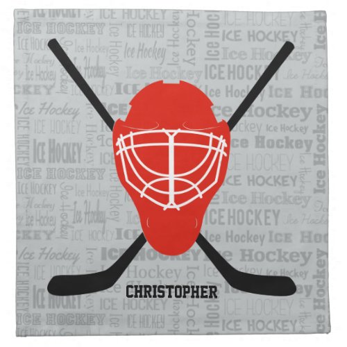 Red Ice Hockey Helmet and Sticks Typography Napkin