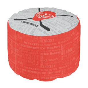 Red Ice Hockey Helmet and Sticks Typography Pouf