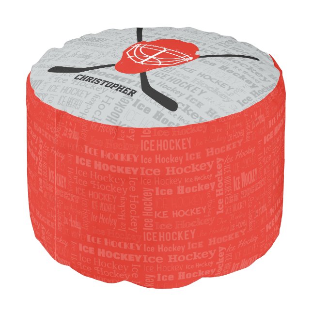 Red Ice Hockey Helmet and Sticks Typography Pouf (Angled Back)
