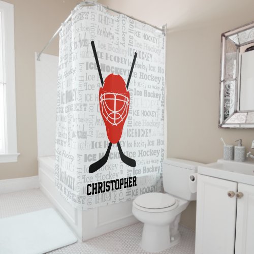 Red Ice Hockey Helmet and Sticks Typography Shower Curtain