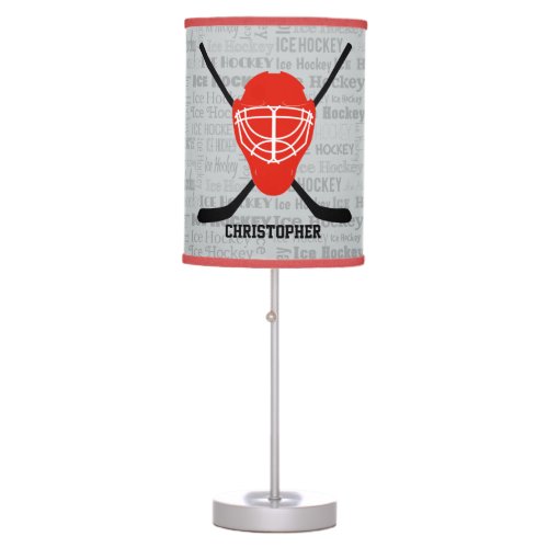 Red Ice Hockey Helmet and Sticks Typography Table Lamp