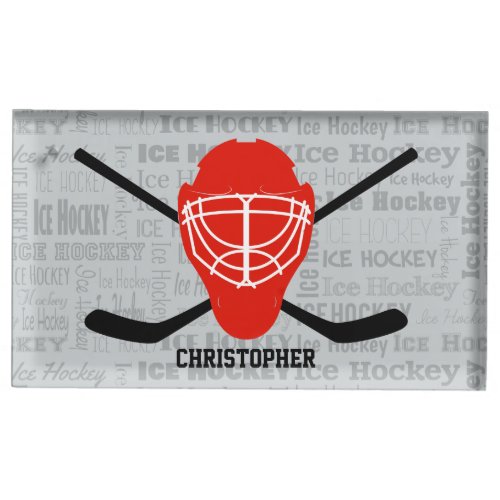 Red Ice Hockey Helmet and Sticks Typography Table Number Holder