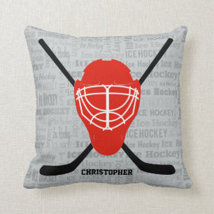 Red Ice Hockey Helmet and Sticks Typography Throw Pillow