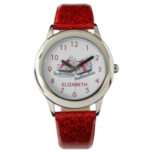 Red ice skates white name girl watch
