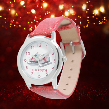 Red Ice Skates White Name Girl Watch by Thunes at Zazzle