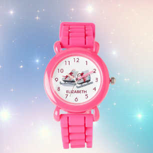 Red ice skates white name girl watch