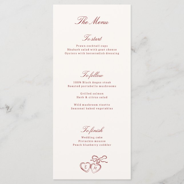 Red Illustrated Locket Whimsical Wedding Menu (Front)