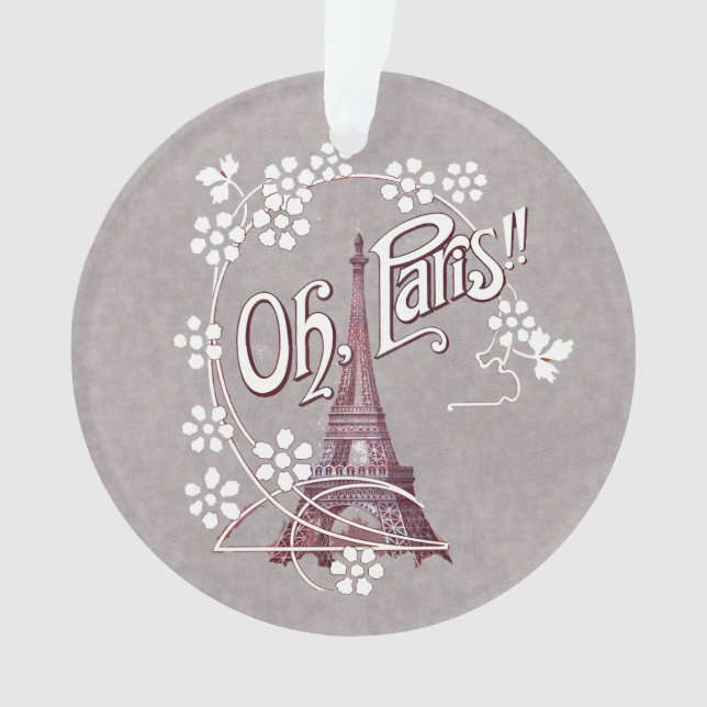 Red Illustration Eiffel Tower White Daisies Gray Ornament (Front)