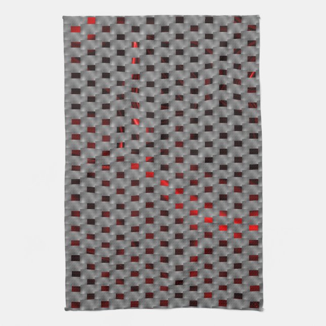 Red image under gray plates, rectangular shapes kitchen towel (Vertical)
