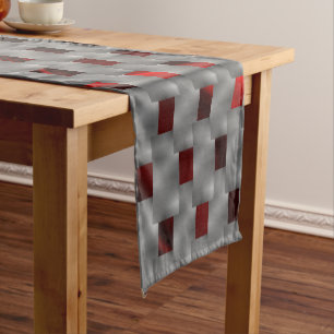 Red image under grey plates, rectangular shapes long table runner