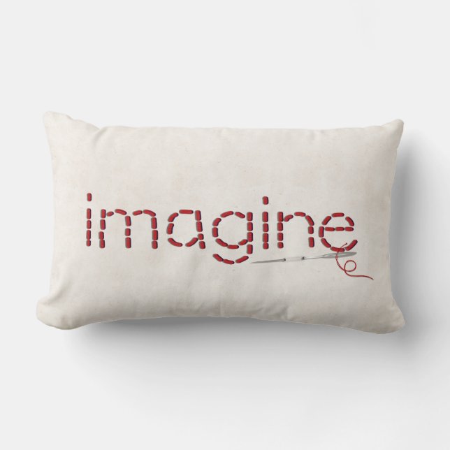 red Imagine text stitch with needle Lumbar Pillow (Front)