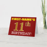 [ Thumbnail: Red, Imitation Gold "11th Birthday" Birthday Card ]