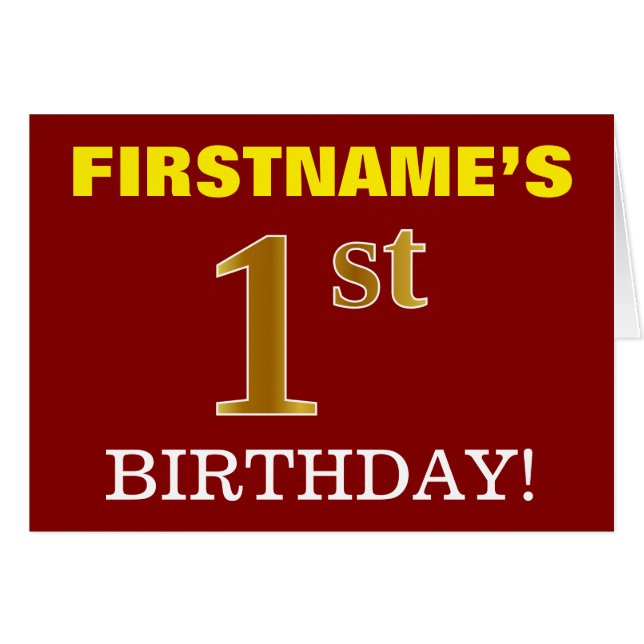 Red, Imitation Gold "1st BIRTHDAY" Birthday Card (Front Horizontal)