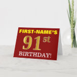 [ Thumbnail: Red, Imitation Gold "91st Birthday" Birthday Card ]