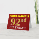 [ Thumbnail: Red, Imitation Gold "92nd Birthday" Birthday Card ]