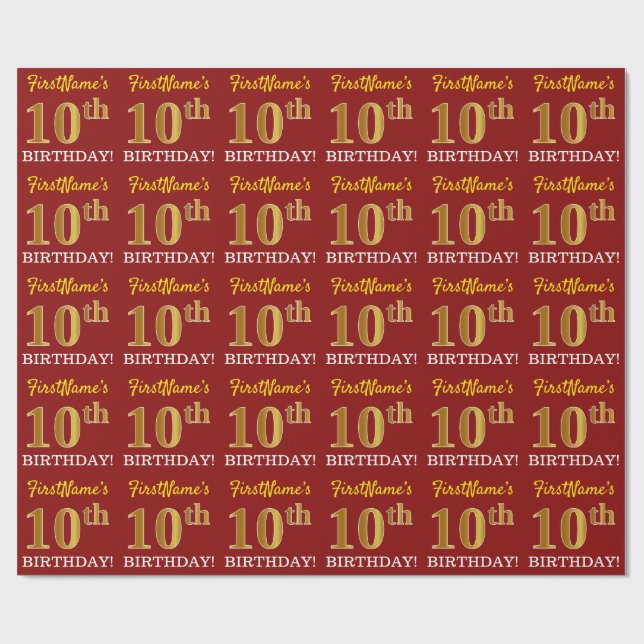 Red, Imitation Gold Look "10th BIRTHDAY" Wrapping Paper (Flat)