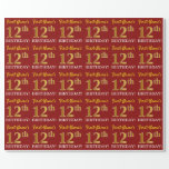 [ Thumbnail: Red, Imitation Gold Look "12th Birthday" Wrapping Paper ]