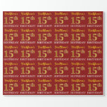 [ Thumbnail: Red, Imitation Gold Look "15th Birthday" Wrapping Paper ]