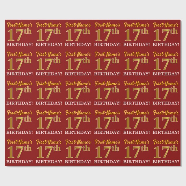 Red, Imitation Gold Look "17th BIRTHDAY" Wrapping Paper (Flat)