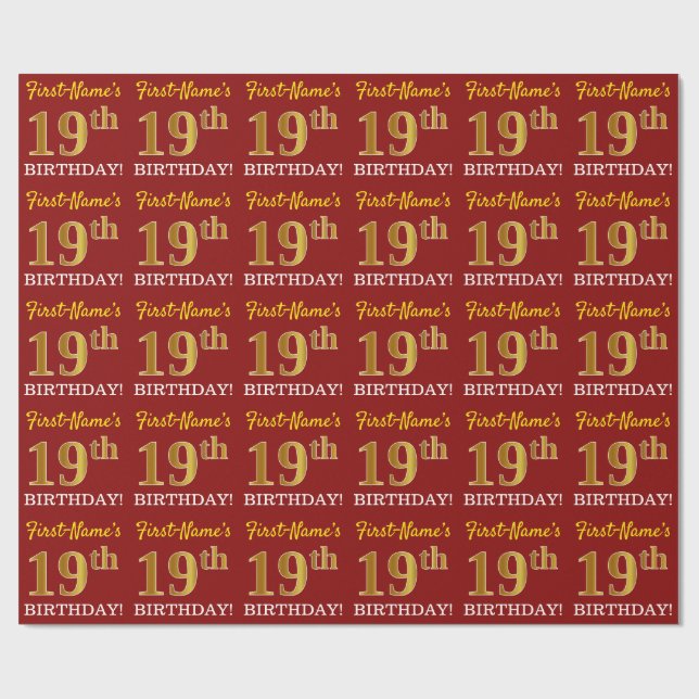 Red, Imitation Gold Look "19th BIRTHDAY" Wrapping Paper (Flat)