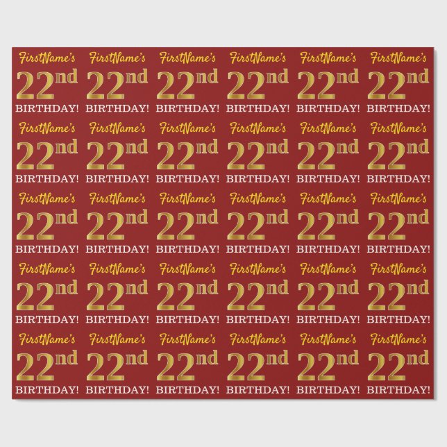 Red, Imitation Gold Look "22nd BIRTHDAY" Wrapping Paper (Flat)