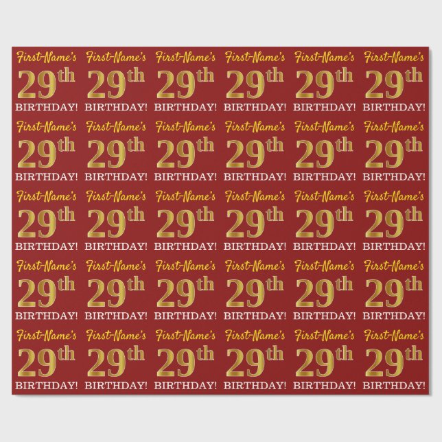 Red, Imitation Gold Look "29th BIRTHDAY" Wrapping Paper (Flat)
