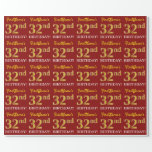 [ Thumbnail: Red, Imitation Gold Look "32nd Birthday" Wrapping Paper ]
