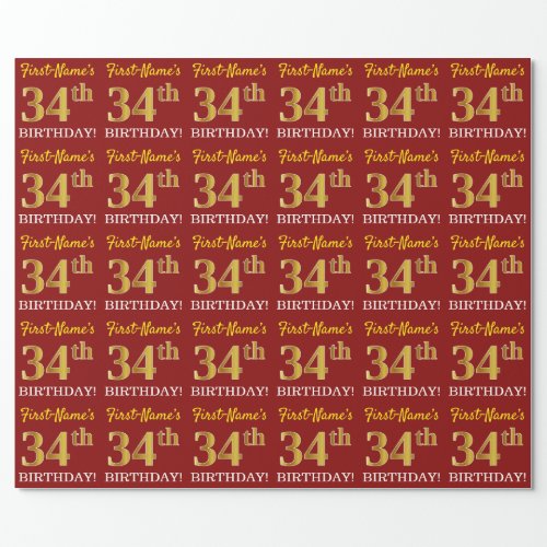 Red Imitation Gold Look 34th BIRTHDAY Wrapping Paper