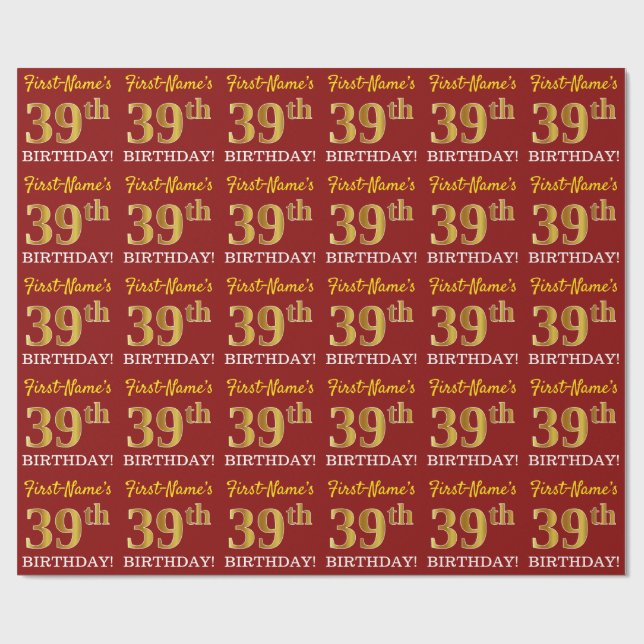 Red, Imitation Gold Look "39th BIRTHDAY" Wrapping Paper (Flat)