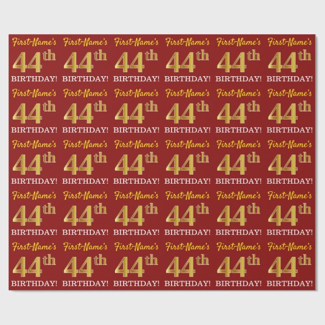 Red, Imitation Gold Look "44th BIRTHDAY" Wrapping Paper (Flat)