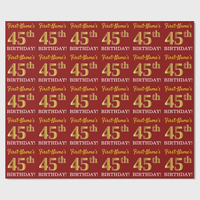 Red, Imitation Gold Look "45th BIRTHDAY" Wrapping Paper (Flat)