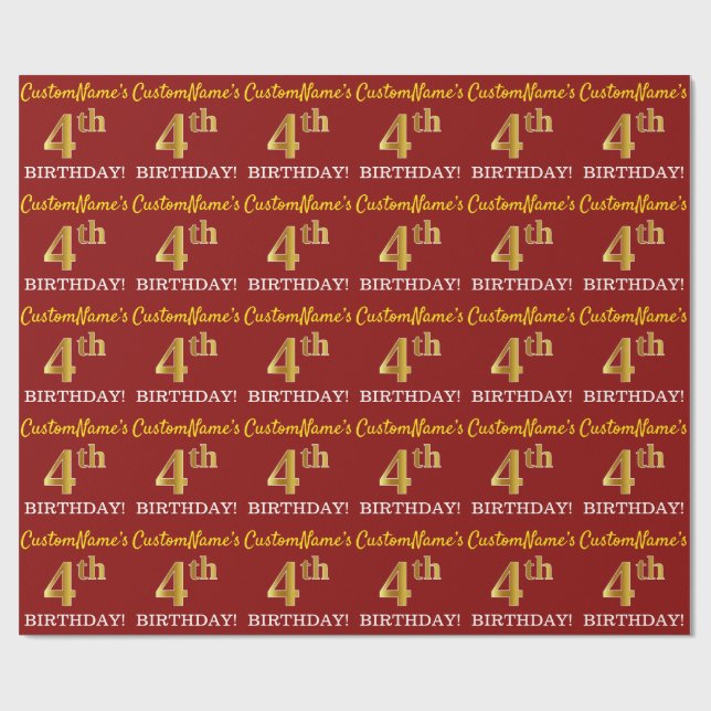 Red, Imitation Gold Look "4th BIRTHDAY" Wrapping Paper (Flat)