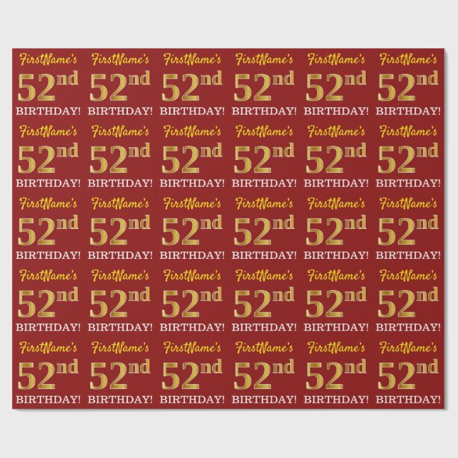Red, Imitation Gold Look "52nd BIRTHDAY" Wrapping Paper (Flat)