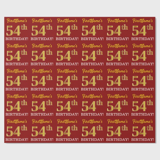 Red, Imitation Gold Look "54th BIRTHDAY" Wrapping Paper (Flat)