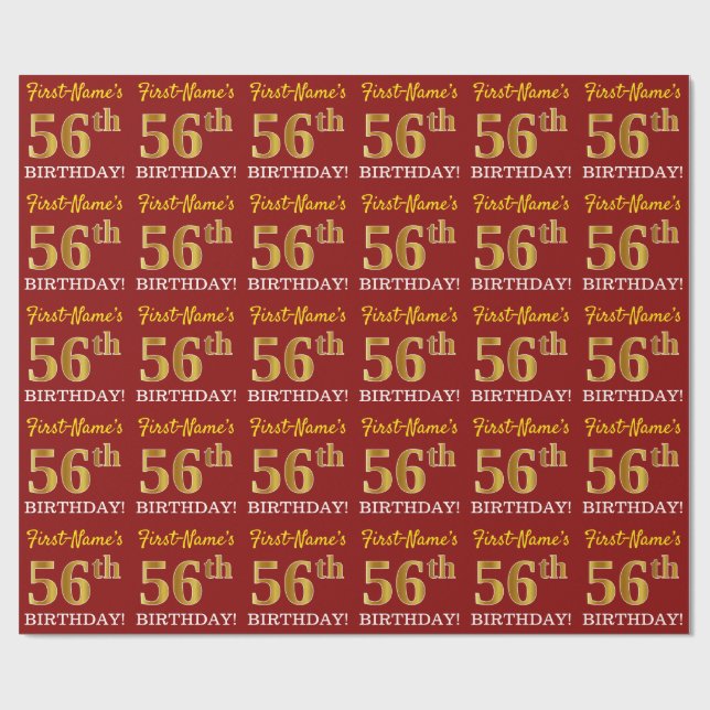 Red, Imitation Gold Look "56th BIRTHDAY" Wrapping Paper (Flat)