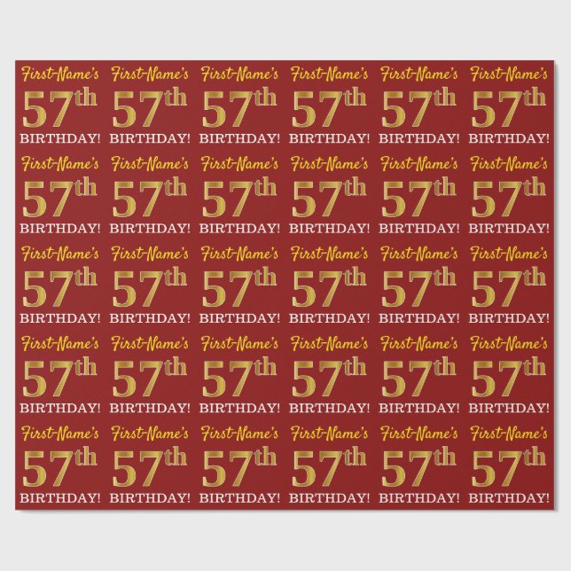 Red, Imitation Gold Look "57th BIRTHDAY" Wrapping Paper (Flat)