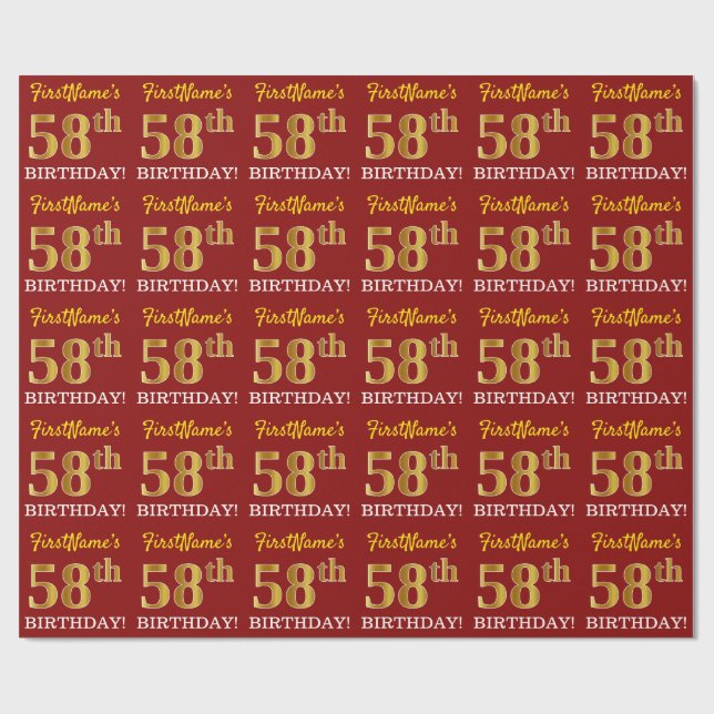 Red, Imitation Gold Look "58th BIRTHDAY" Wrapping Paper (Flat)