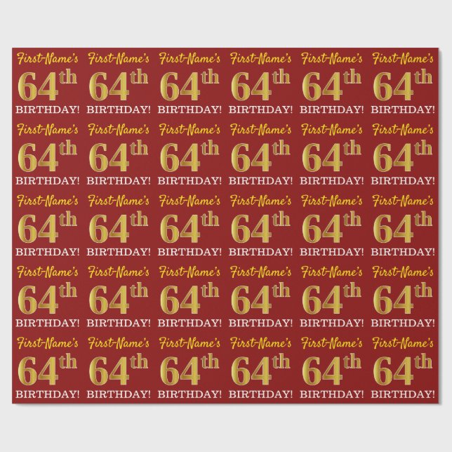 Red, Imitation Gold Look "64th BIRTHDAY" Wrapping Paper (Flat)