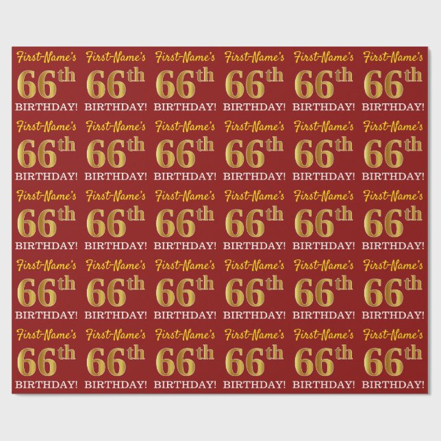 Red, Imitation Gold Look "66th BIRTHDAY" Wrapping Paper (Flat)