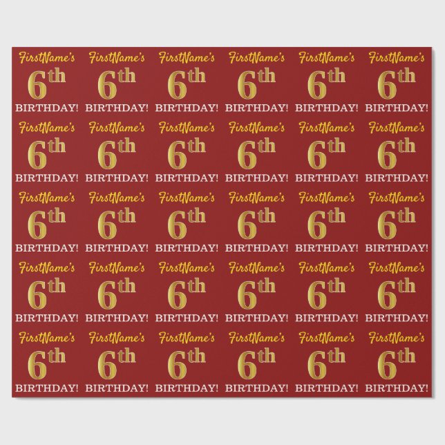 Red, Imitation Gold Look "6th BIRTHDAY" Wrapping Paper (Flat)