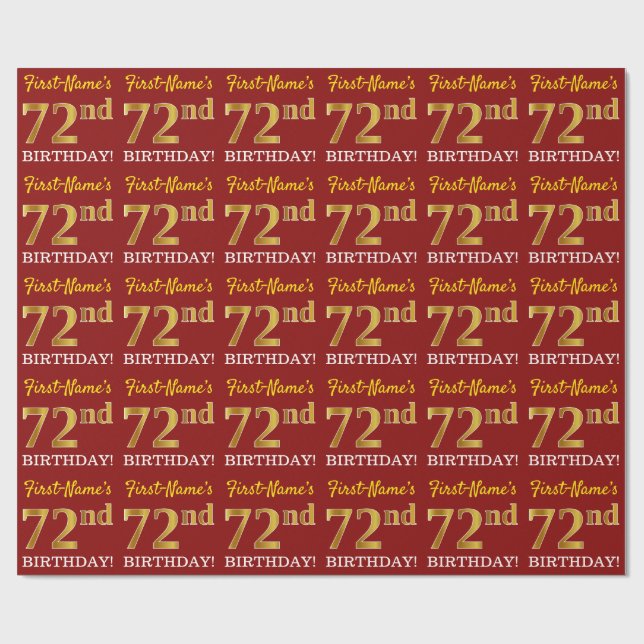 Red, Imitation Gold Look "72nd BIRTHDAY" Wrapping Paper (Flat)